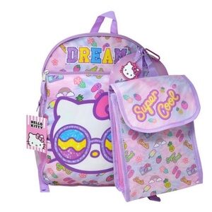 NWOT Hello Kitty Glitter 2 Piece School Travel Backpack W/ Lunch Bag